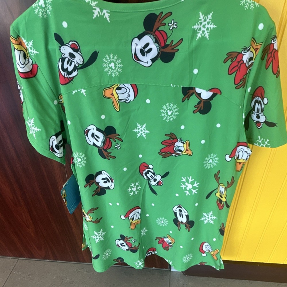 Disney Mickey Mouse Women's Green Patterned Scrub Top Size S