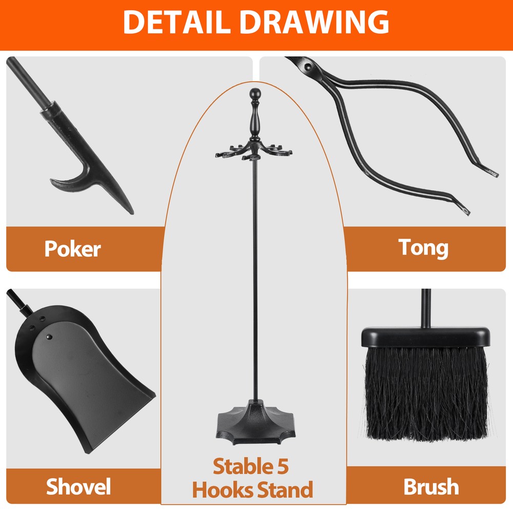 5 Pieces Fireplace Tools Sets Wrought Iron Firewood Kit w/ Handle Durable Tools