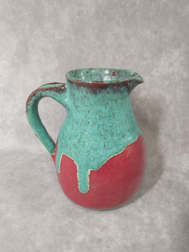 Studio Art Pottery Drip Glaze Spotted Stoneware Pottery Pitcher Marked 6.5 " Red