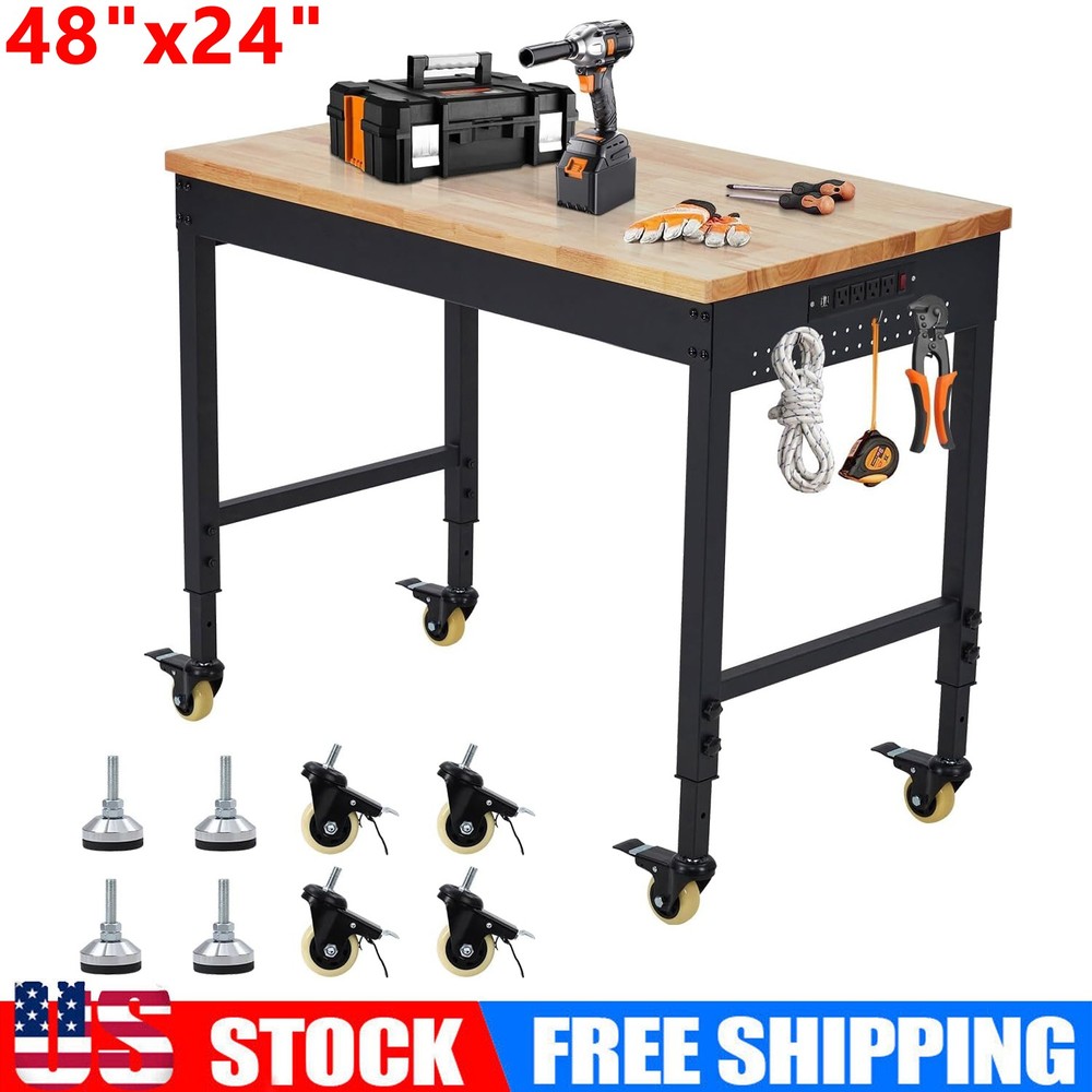 48" Workbench Adjustable Height Workstation with 4 Rolling Casters 2000 LBS Load
