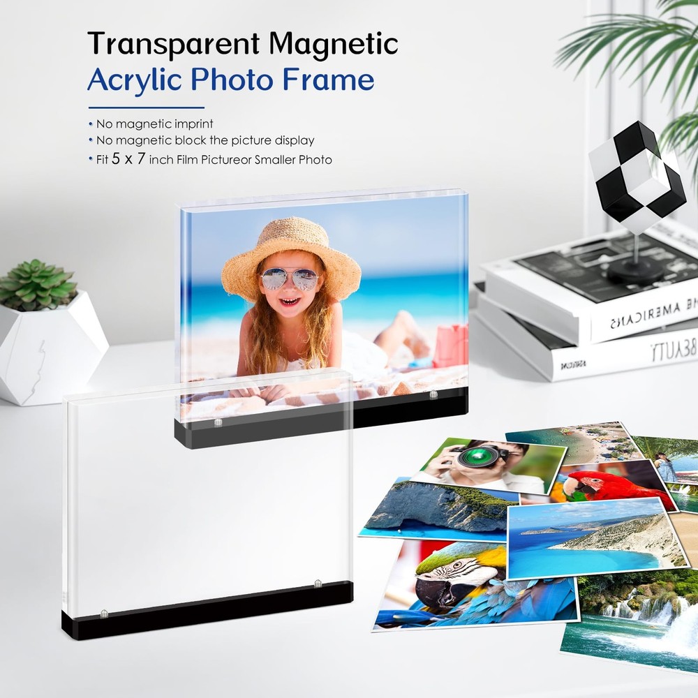 Magnetic Acrylic Picture Frames – Thick Double-Sided Clear Display, Black Bas...