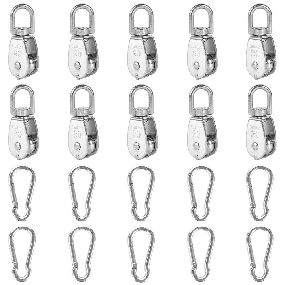 10Pcs Stainless Steel M20 Pulley Block with 10Pcs Spring Snap Hook Multi-Use