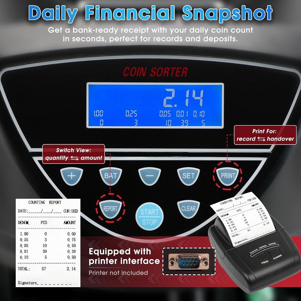 Coin Counter, USD Coin Sorter and Wrapper Machine Sort with Printing-Compatib...