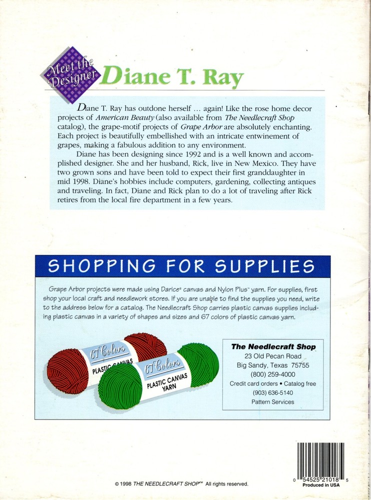 Grape Arbor Plastic Canvas Pattern Leaflet Grapes Wine Lover Needlecraft Shop