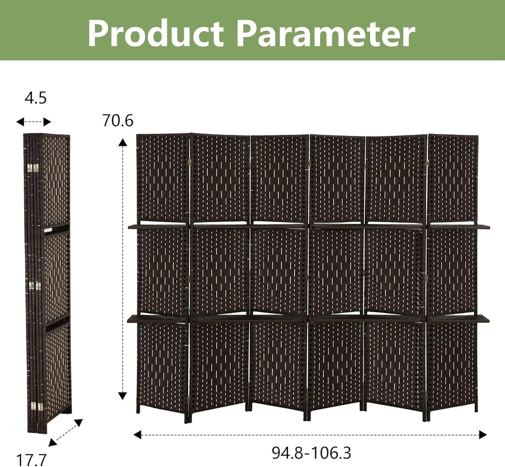 6 Panel Room Divider Screen with Storage Shelves, Dark Brown