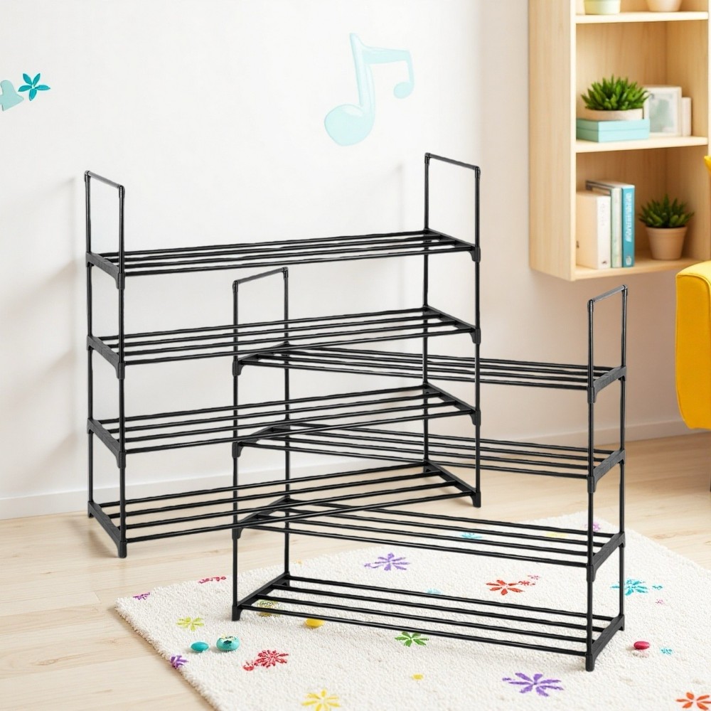 4-Tier Shoe Rack - 2-Pack, Stackable, Side Handles, Metal & Plastic & Black