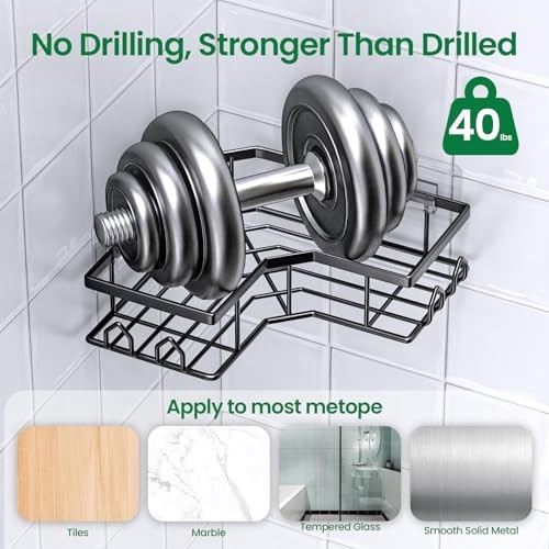 Adhesive Shower Caddy Corner Bath Organizer, Rustproof Stainless 2 Pack Black