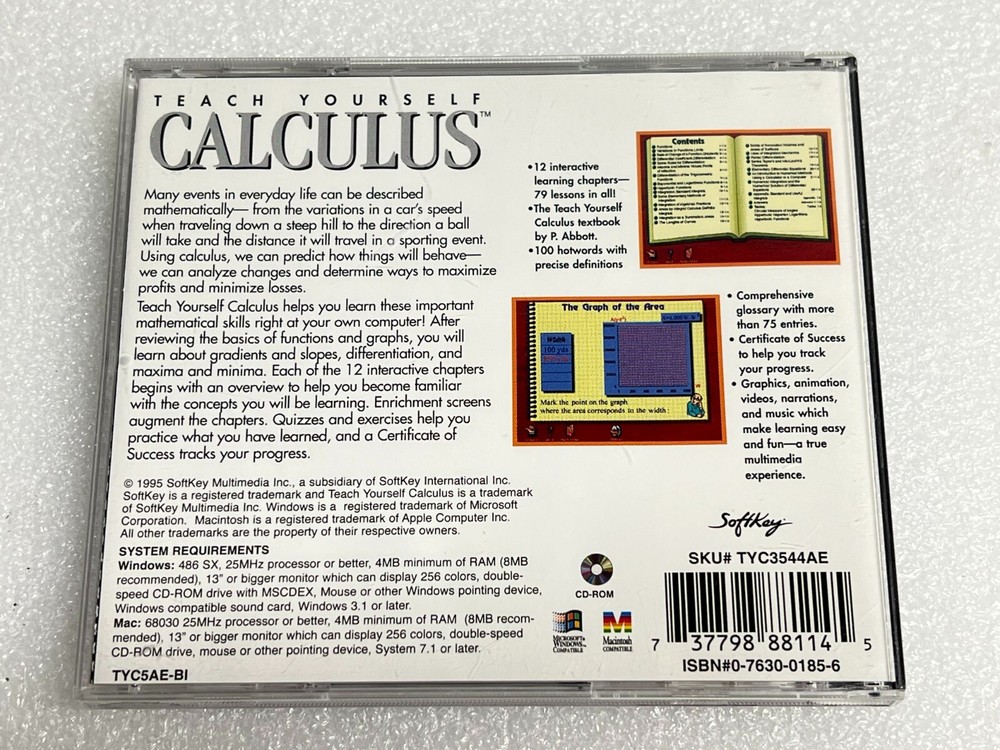 TESTED Teach Yourself Calculus Cd Soft Key 1995 Windows 3.1 95 Mac Software