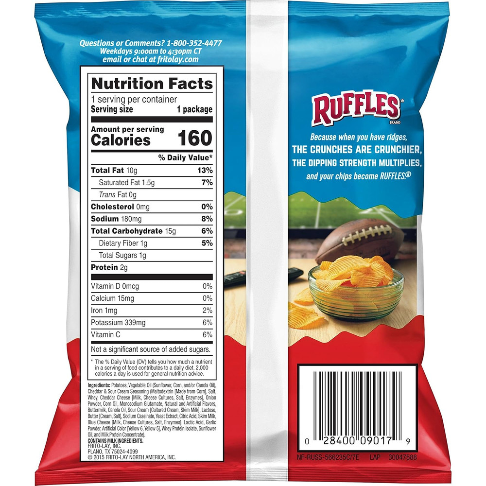 Ruffles Potato Chips, Cheddar Sour Cream, 1Oz (40 Count)