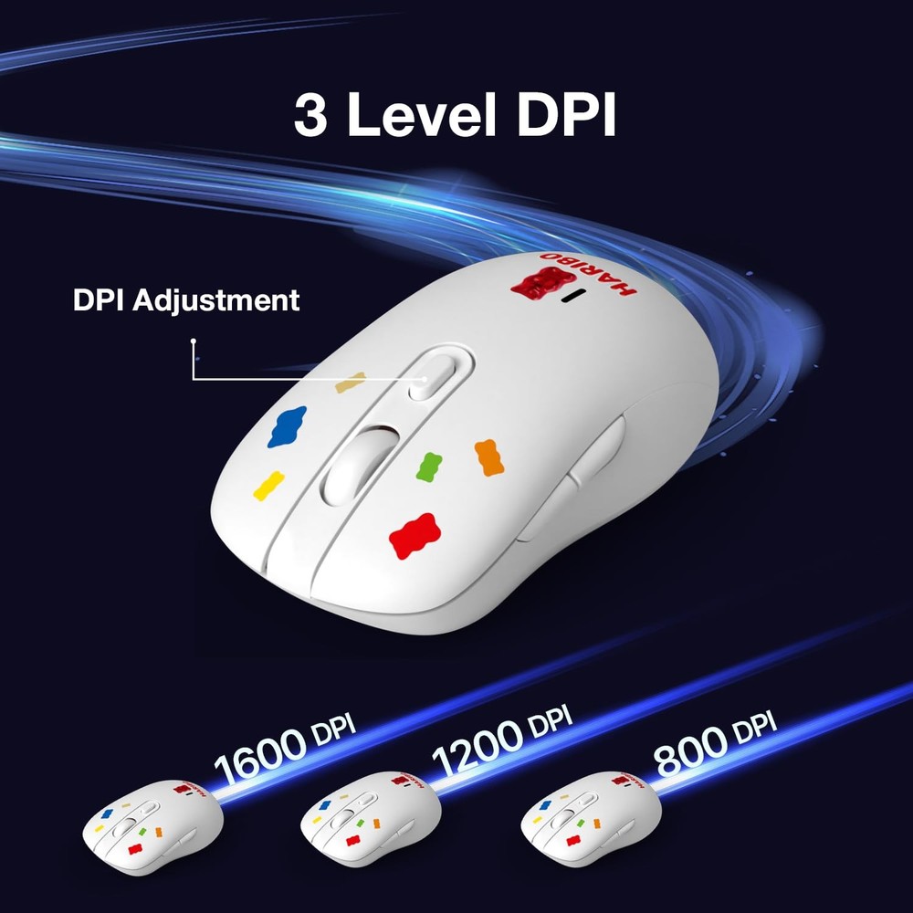 DCHK Haribo Wireless Mouse, Bluetooth 3.0/5.0 & 2.4GHz, Adjustable DPI, White