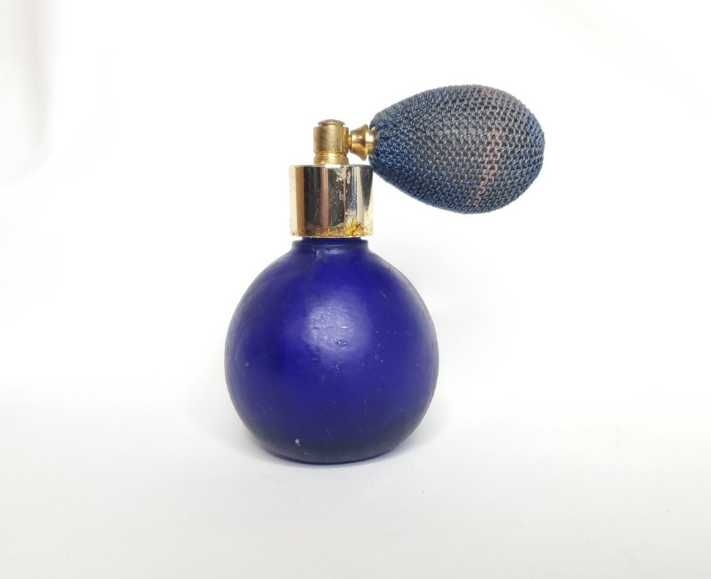 Vintage Dark Blue Glass(?) Perfume Bottle with Atomizer