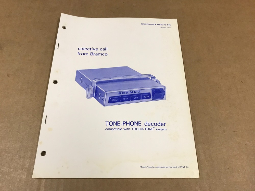 Vintage Bramco Tone-Phone Decoder Maintenance Manual #515