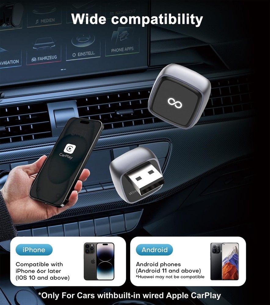 CarPlay Wireless Adapter, Compatible with CarPlay+Android Auto, Silver