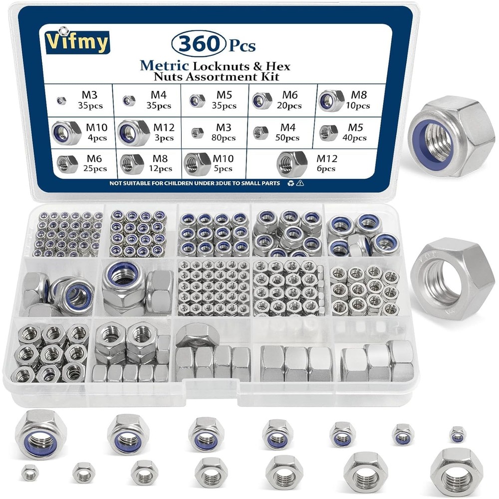 Vifmy Metric Hex Nuts&Locknuts Nuts and Locknuts,360 Pcs, Silver