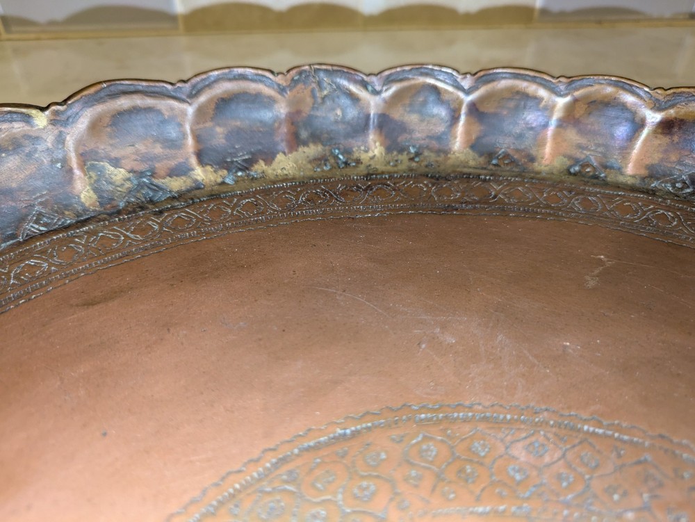 Antique Copper Middle Eastern Etched Serving Tray (13.5")