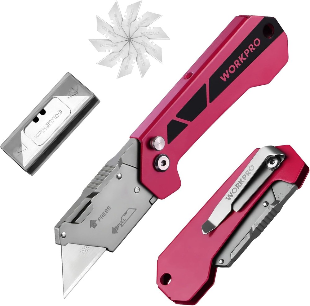 WORKPRO Pocket Folding Utility Knife Box Cutter Quick Open Axis Lock 10PCS Blade