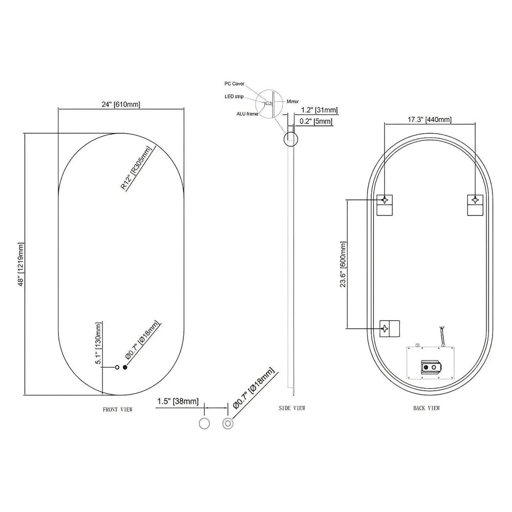 LUXOR PILL LED VANITY OVAL MIRROR - ADJUSTABLE TEMP. & BRIGHTNESS - 24 x 48