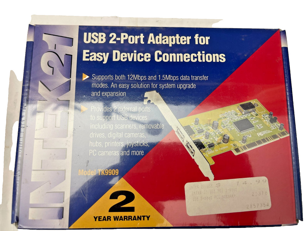 Intek21 TK-P2U012 2 PORT USB ADAPTER PC & MAC COMPUTERS Model TK9909, TK6-0102A