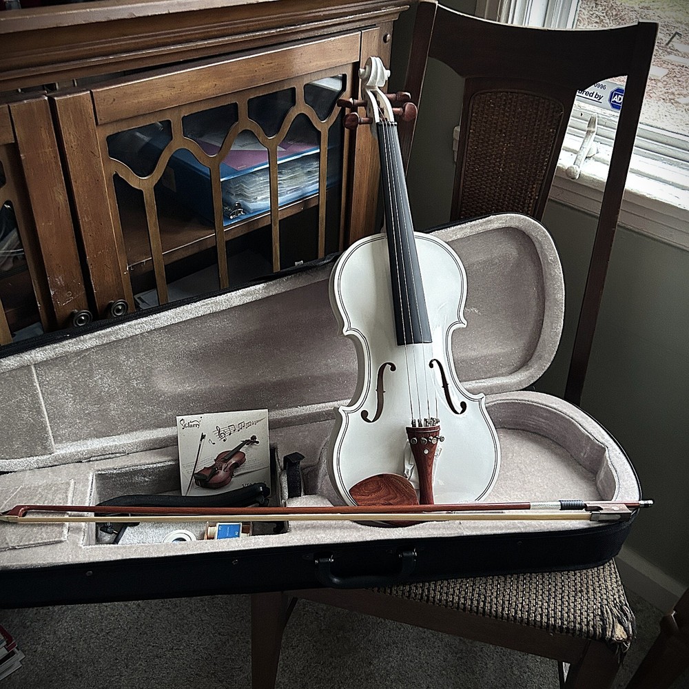 White Full-Size 4/4 Solid Wood Violin Package with Case, Bow, Rosin, and More