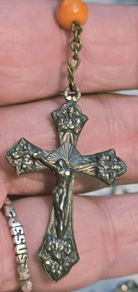 Antique French Rosary Real Angel Skin Coral Beads Silver Catholic Crucifix 22"