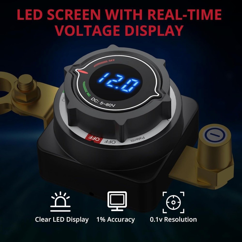 Battery Disconnect Switch, 5V-80V Side Post Battery Switch with Voltage Display