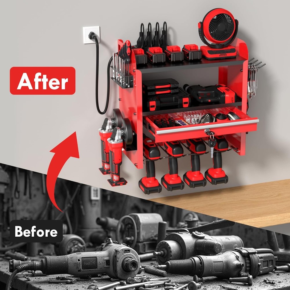 Power Tool Organizer Wall Mount with Drill Rack & Locking Drawers - Heavy Duty