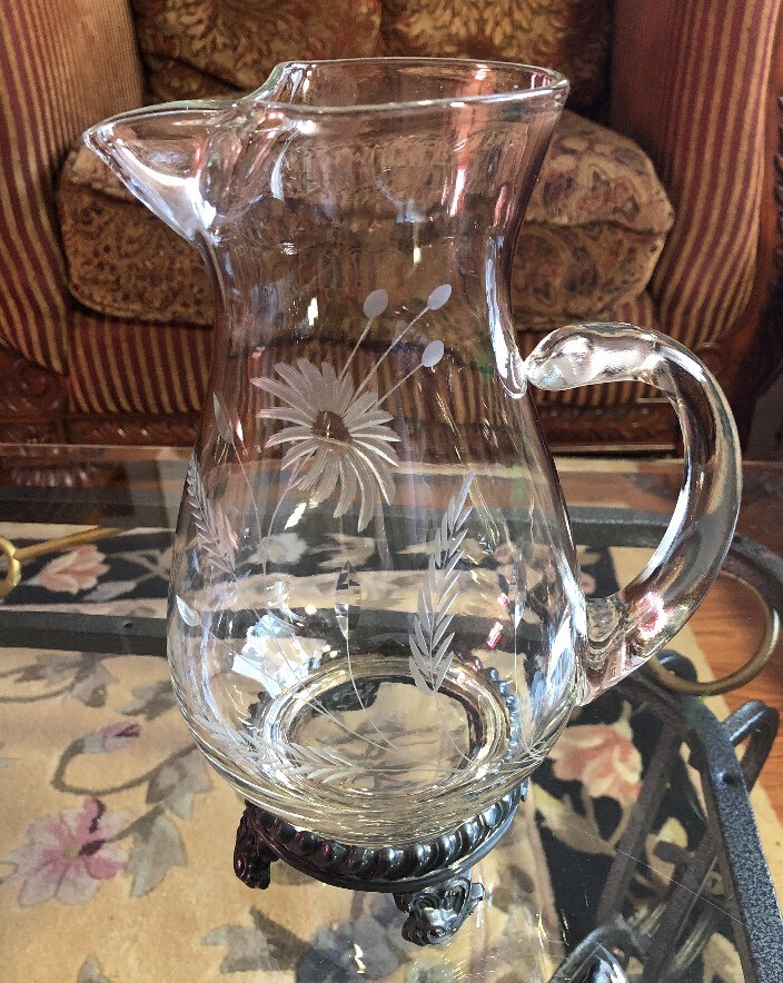 Antique Etched Glass Wheat Quadruple  silver Base Pitcher