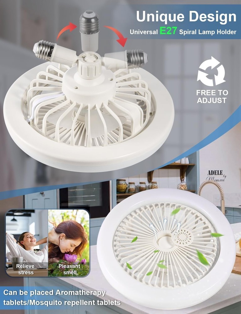 10" Adjustable E27 Socket Ceiling Fan Light 3-Color Temp LED Chandelier w/Remote