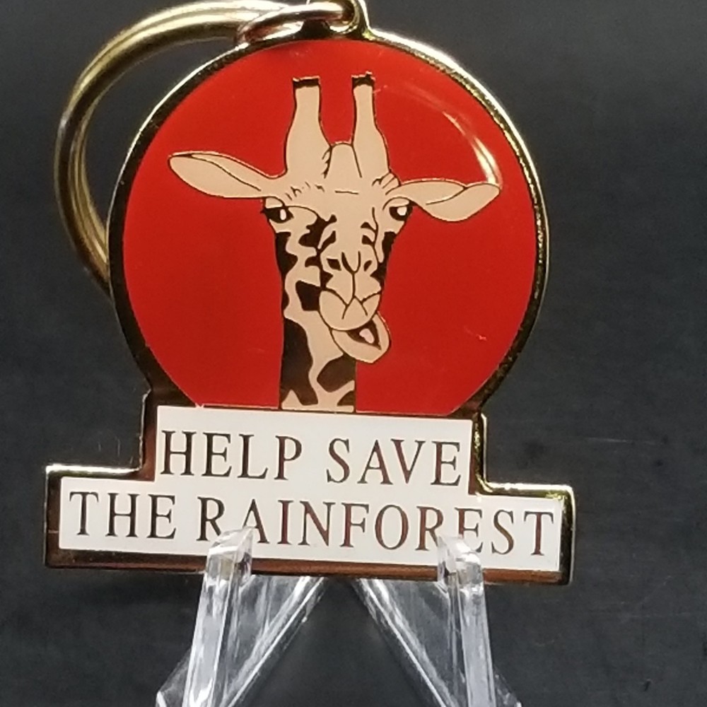 Giraffe Keychain Red Help Save The Rainforest Metal Key Ring