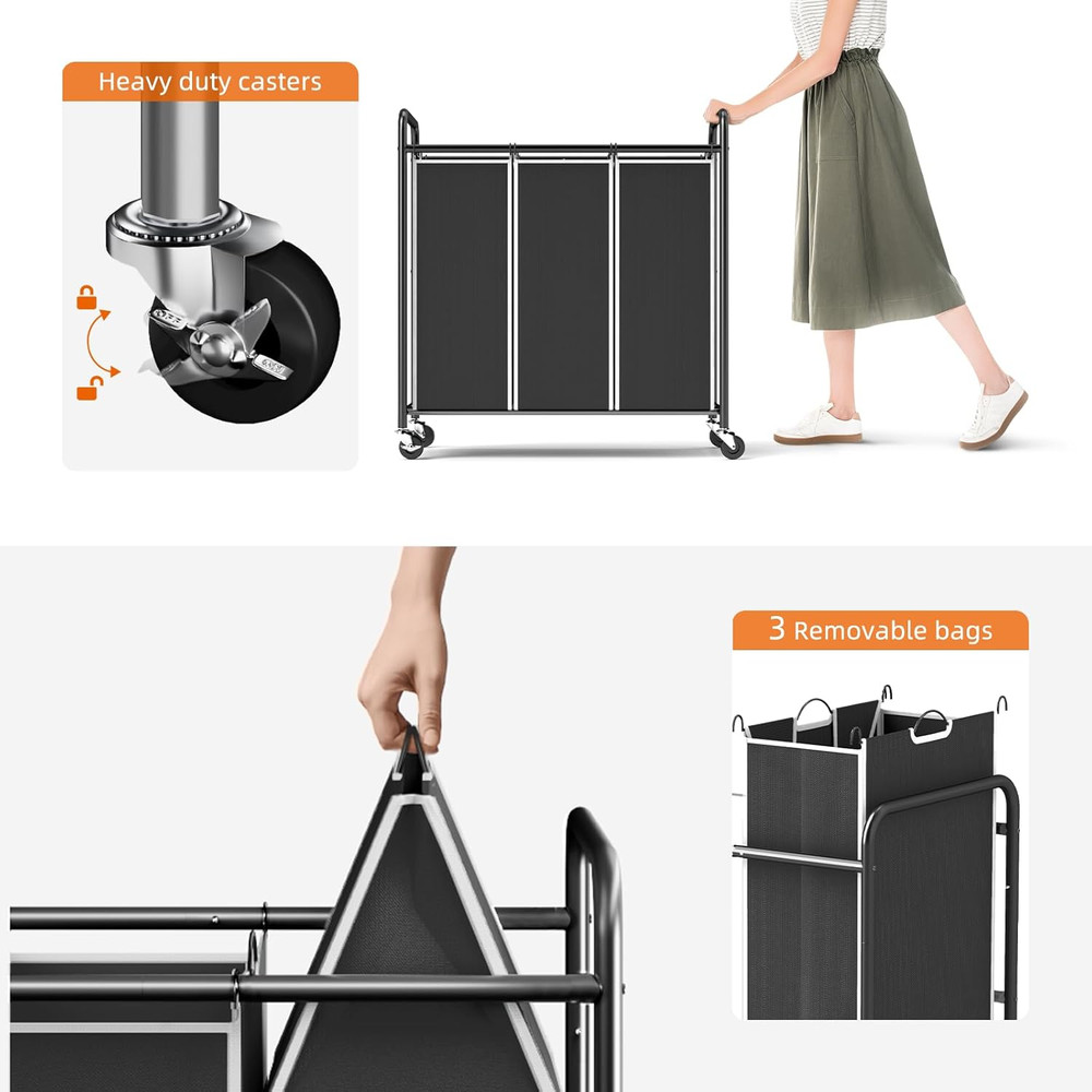 Laundry Sorter Hamper 3 Section, Divided Laundry Basket Organizer with Heavy Dut