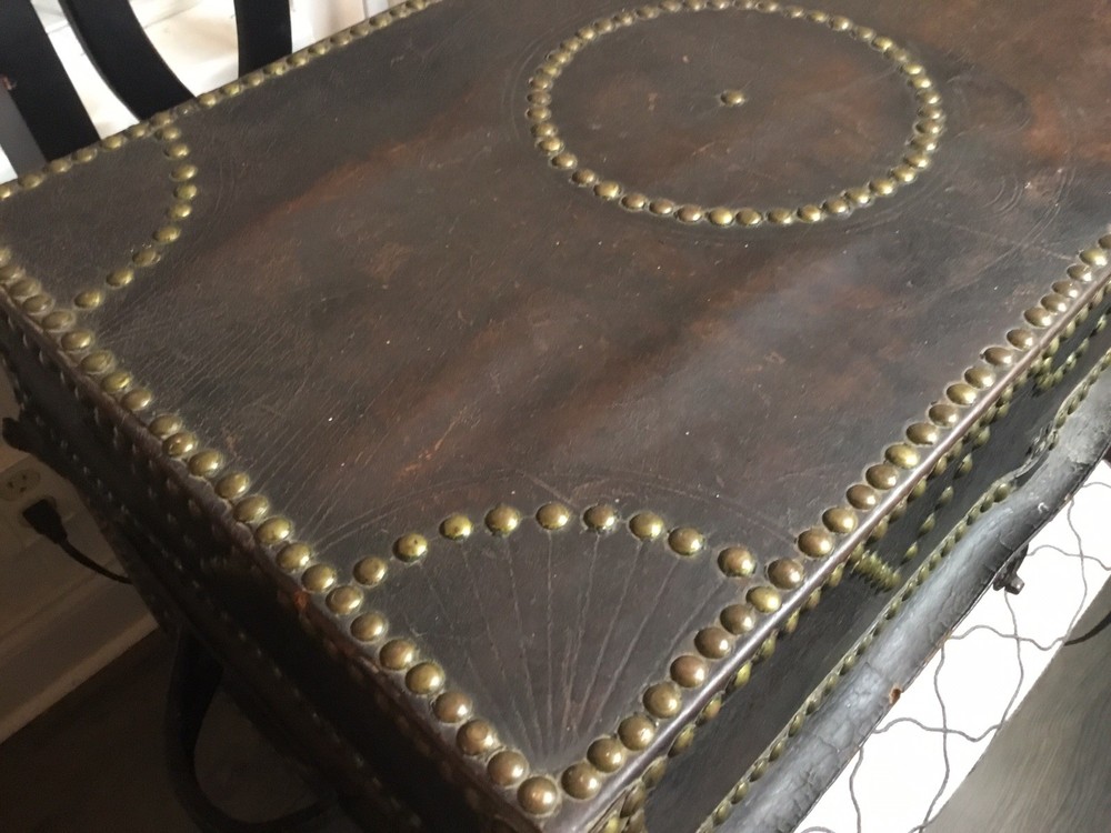 AUTHENTIC ANTIQUE PORTUGESE STUDDED LEATHER STORAGE TRUNK