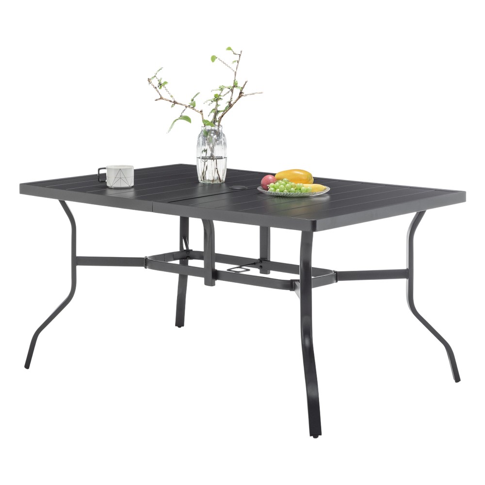 Rectangular Metal Patio Dining Table with Umbrella Hole Anti Slip Pads