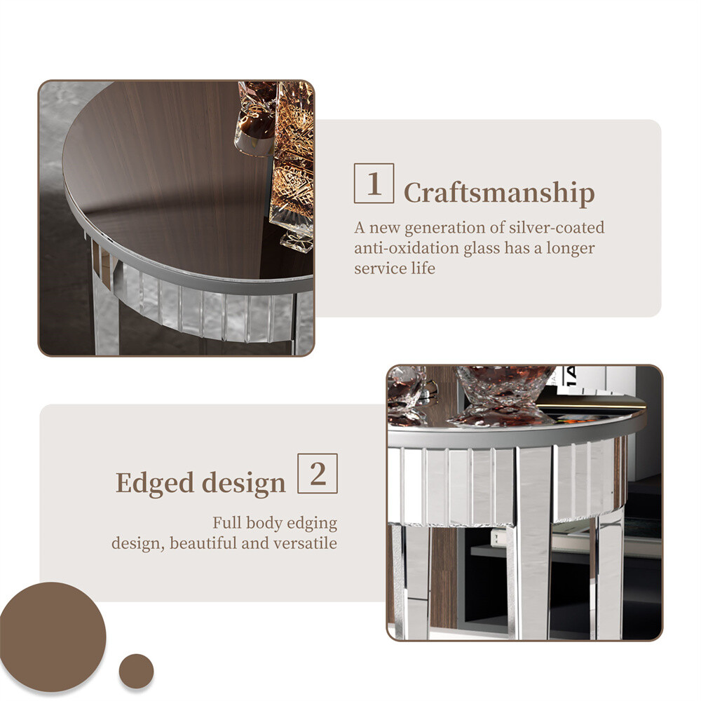 Modern Round Silver Mirrored Side Table Bedside Accent Table Silver-plated Glass
