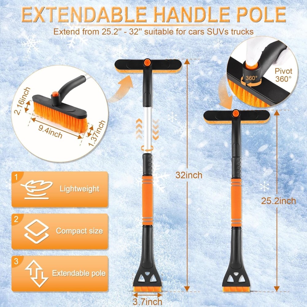 Ice Scraper and Snow Brush for Car Windshield, 32" Extendable Snow Orange