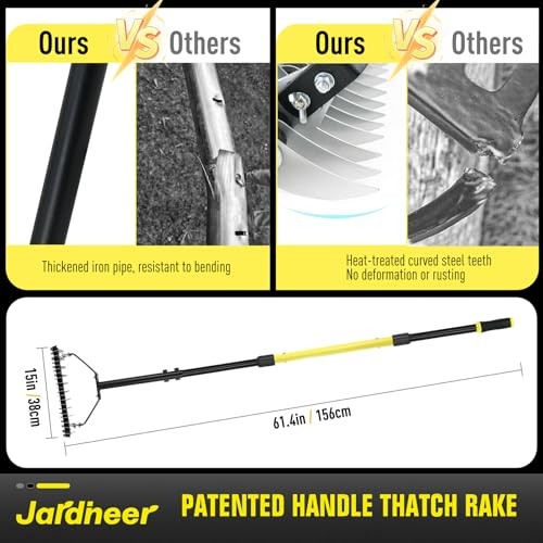 Thatch Rake for Lawns, 61.4" Long Handle Manual Dethatcher with Adjustable