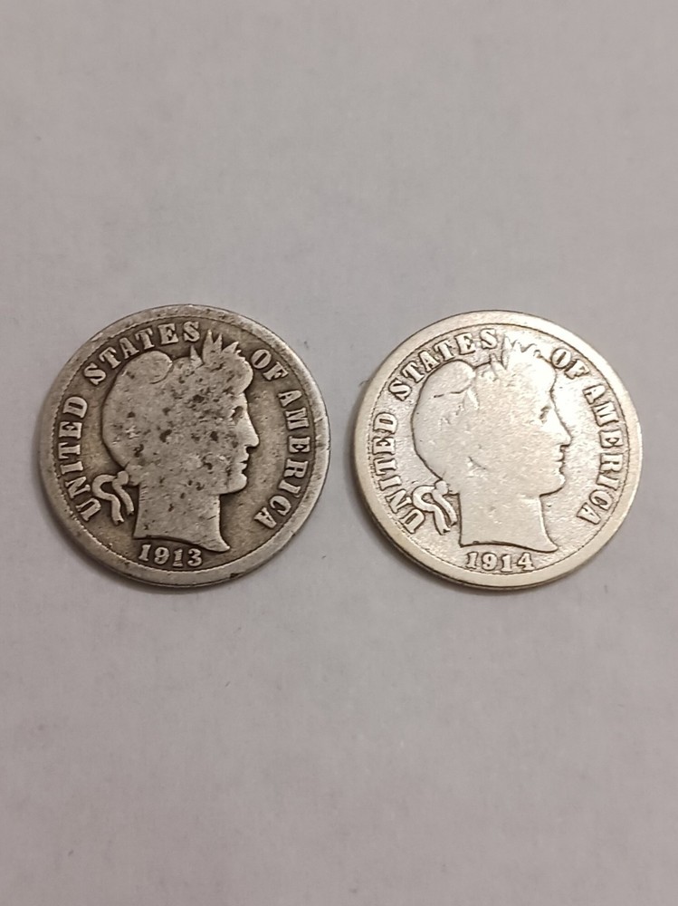 Barber Silver Dimes 1913 1914 Coins