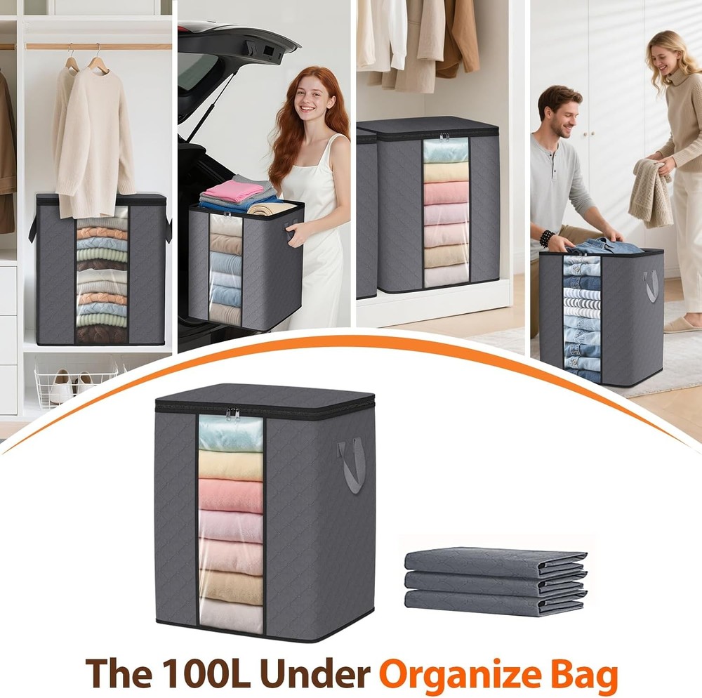 SpaceWhisper 3 Pack 100L Clothes Storage, Foldable Thick Fabric Blanket Storage