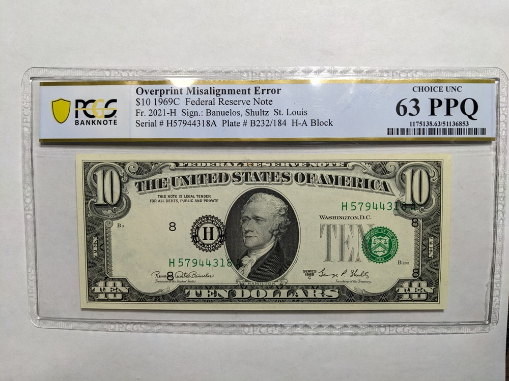 MISALIGNMENT  ERROR $10 1969-C FR NOTE  FR.#2021-H 63 PPQ SCARCE/OVERPRINT