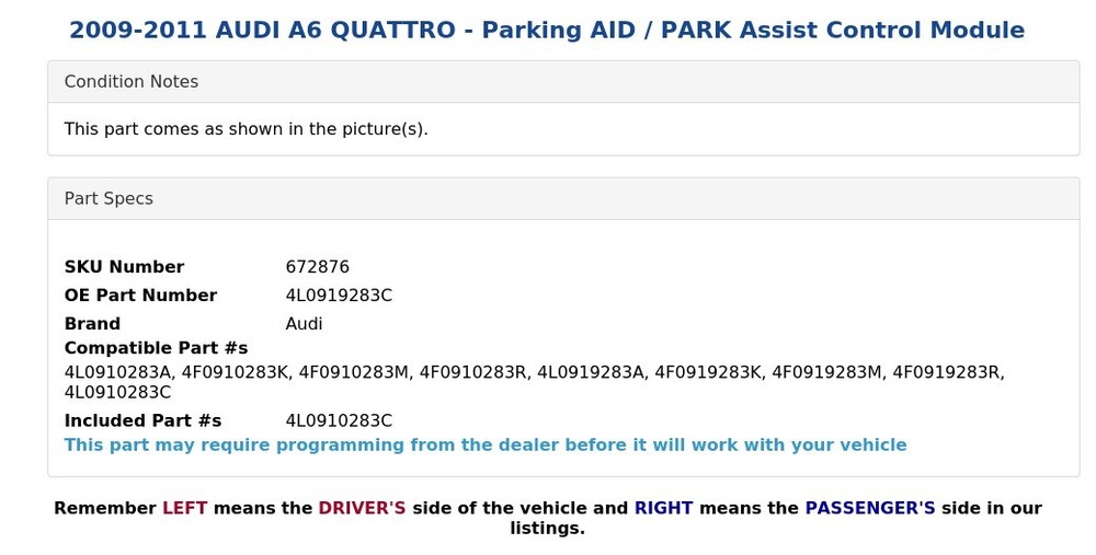 2009-2011 AUDI A6 QUATTRO - Parking AID / PARK Assist Control Module