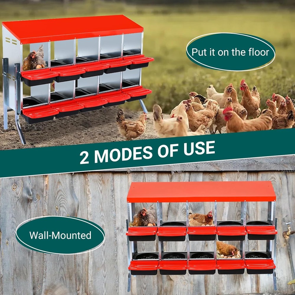 10 Compartment 2-Tier Chicken Nesting Boxes Coop Chicken Egg Laying Box Red