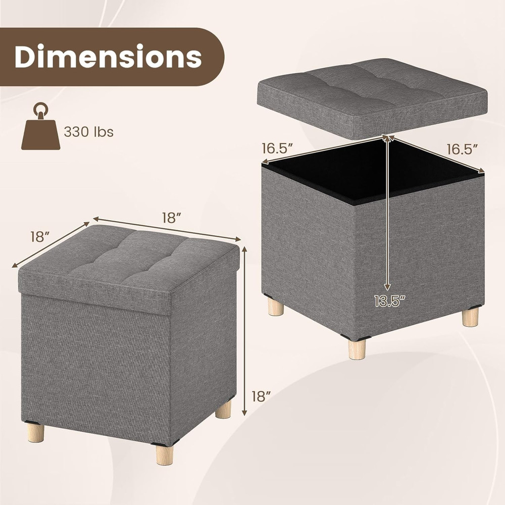 Small Storage Ottoman Cube with Tray Lid, Folding Linen Fabric Foot Stool with E