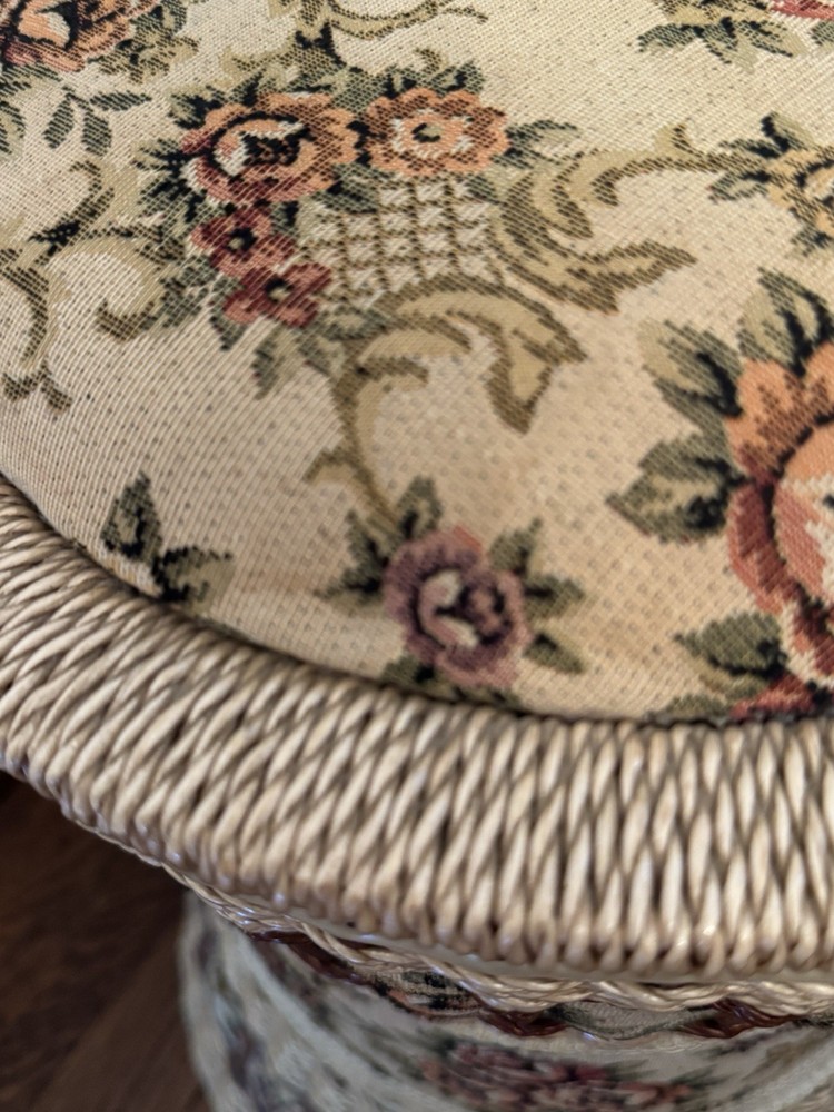 Vintage Rare Triple Stack Three Tier Wicker Sewing Basket Upholstered Ottoman