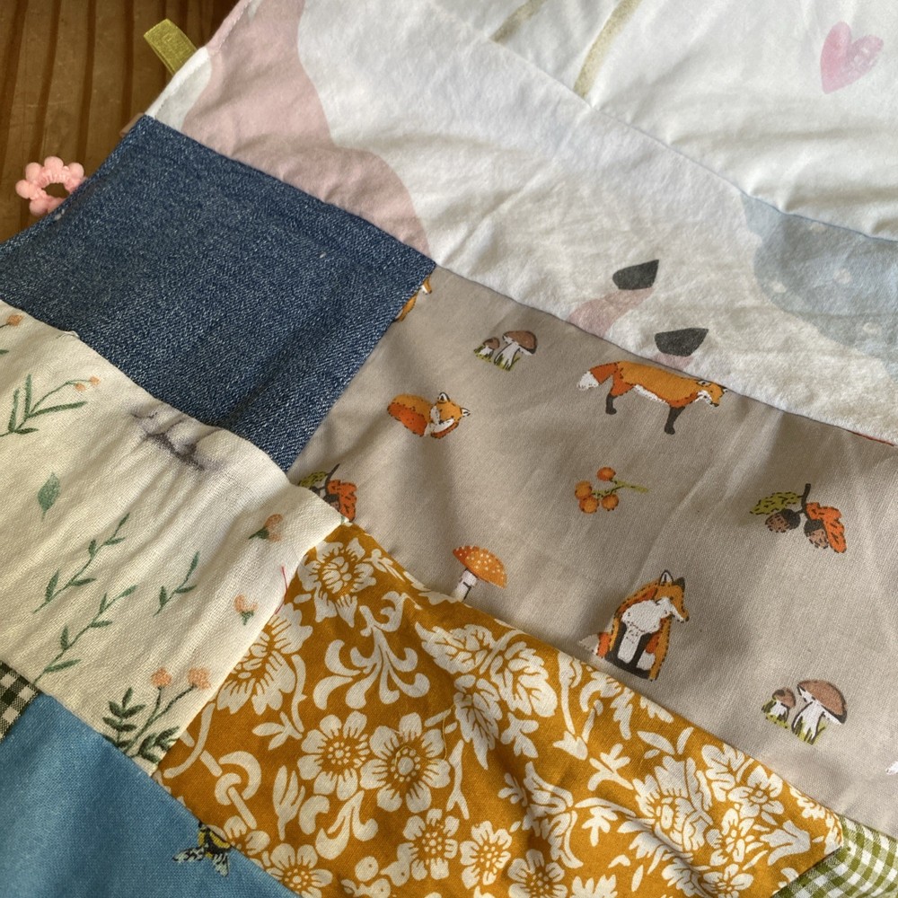 Large Handmade Blanket Taggie Blanket - Patchwork multicolour, soft white back