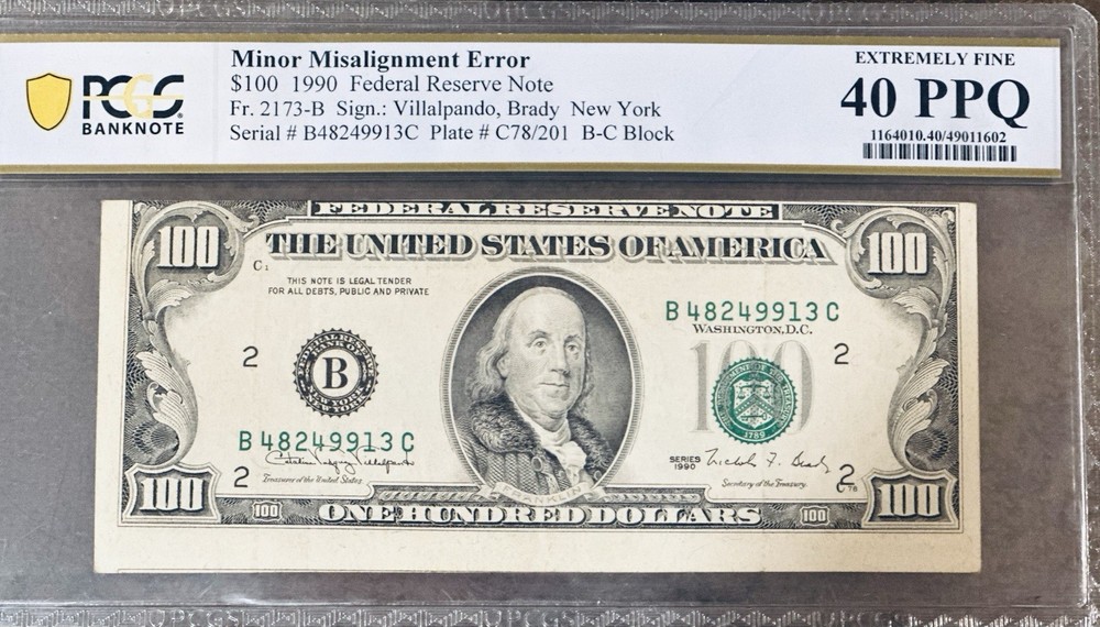 1990 $100 federal reserve note (RARE￼misalignment error) PCGS