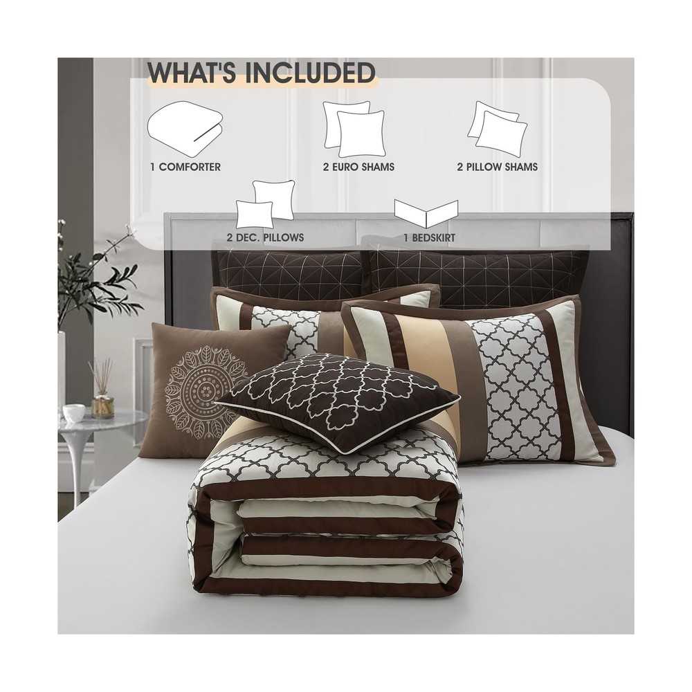 Queen Comforter Set, Brown Bedding Set, Jacquard Woven with Geometry, 8 Piece...
