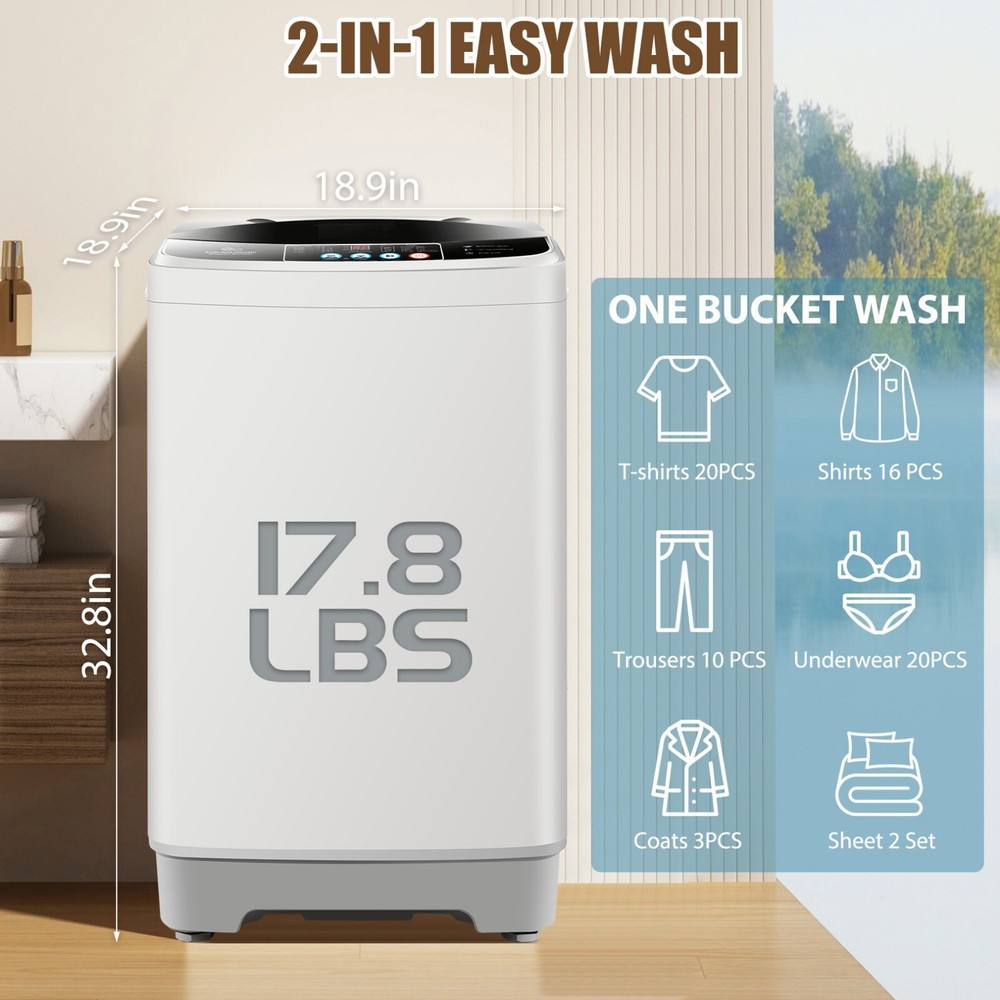 Full Automatic Washing Machine 17.8Lbs Compact Laundry Washer with Drain Pump