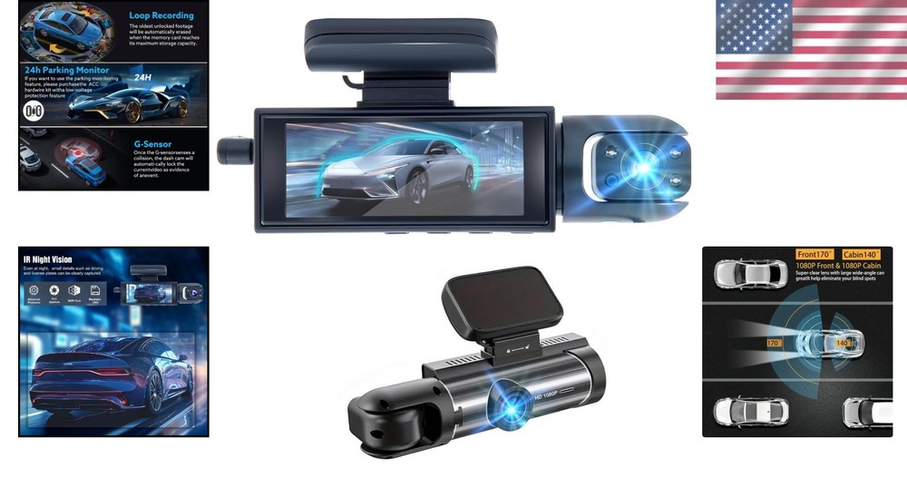 1080P Dual Dash Camera for Cars - Front & Inside with Night Vision & G-Sensor