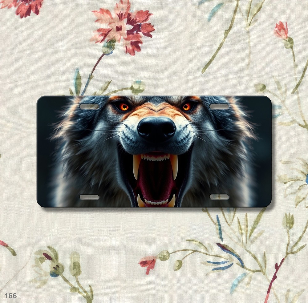 Hyperrealistic Wolf License Plate Snarling Design Optional Text Decorative Plate