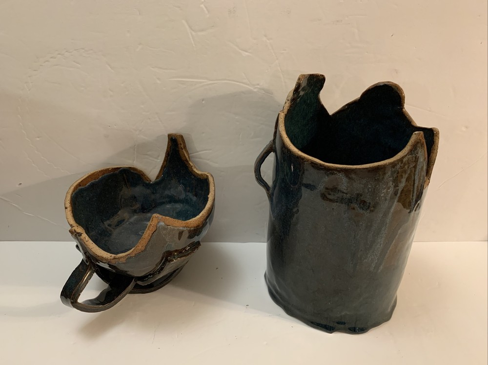 RARE Amanda Pottery Studio Stoneware Glazed Blue Cookie Jar Unique Shape Signed