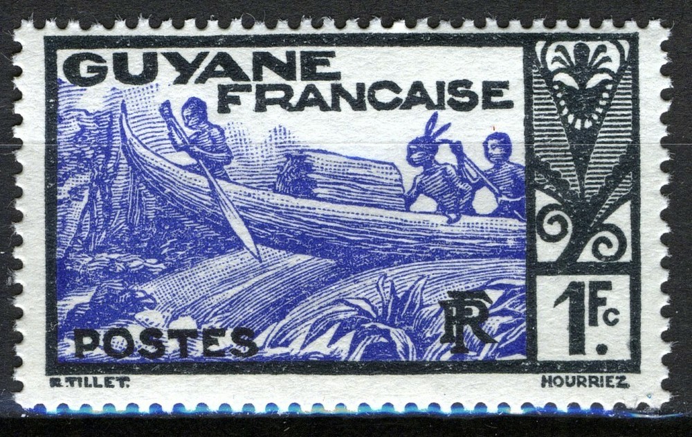 French Guyane 1940, 1Fr Boatmen in Canoe MNH, Yv 163